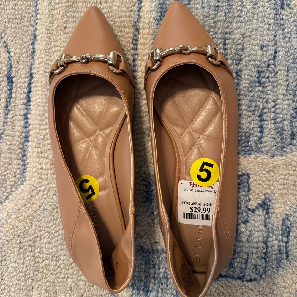 BCBG Paris Tan Flats with Chain Accent
